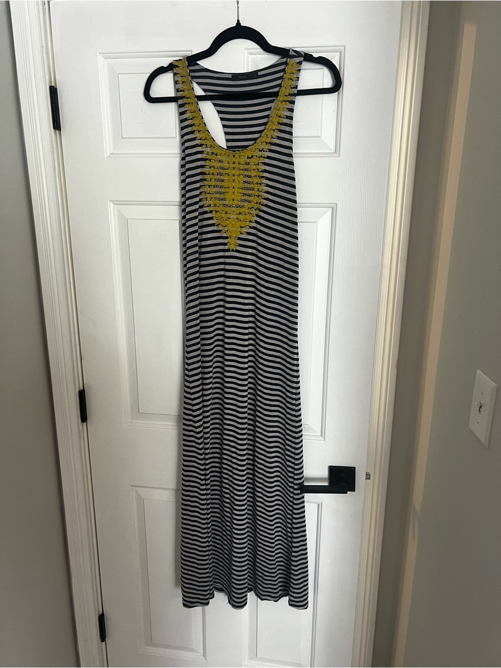 THML Navy and Grey Striped Maxi Dress with Yellow Embroidery